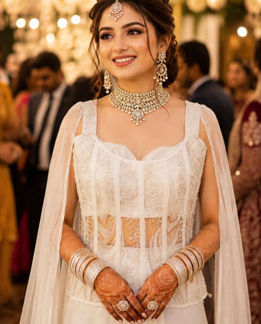 WHITE - Off White Embroidered Work Fandy Readymade Lehenga Choli